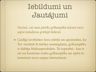 Iebildumi un
        Jautājumi
Nezinu, vai man pietiks gribasspēka īstenot savu
sapni mūsdienu grūtajā ikdienā.

Godīgi izvēloties Savu mērķi un apzinoties, ko
Tev nozīmē šī mērķa sasniegšana, gribasspēks
ir dabīgs blakusprodukts. Tu izpratīsi - kas ir
un no kurienes rodas gribasspēks un spēsi to
izmantot savu sapņu īstenošanai.
 