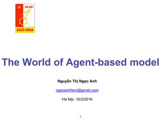 The World of Agent-based model
1
Nguyễn Thị Ngọc Anh
ngocanhfami@gmail.com
Hà Nội, 10/3/2016
 