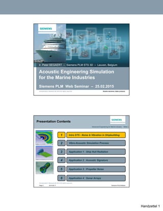 Handzettel 1
Unrestricted © Siemens AG 2014 All rights reserved. Smarter decisions, better products.
Acoustic Engineering Simulation
for the Marine Industries
Siemens PLM Web Seminar – 25.02.2015
Ir. Peter SEGAERT – Siemens PLM STS 3D – Leuven, Belgium
2014-06-17
Unrestricted © Siemens AG 2014 All rights reserved.
Page 2 Siemens PLM Software
Presentation Contents
Vibro-Acoustic Simulation Process
Intro STS - Noise & Vibration in Shipbuilding
2
Application 1 : Ship Hull Radiation3
Application 2 : Acoustic Signature4
1
Advanced Engineering for Marine Industry - Slide 2
5 Application 3 : Propeller Noise
6 Application 4 : Sonar Arrays
 