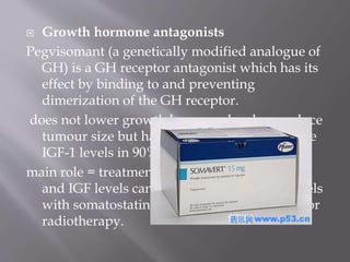  Growth hormone antagonists
Pegvisomant (a genetically modified analogue of
GH) is a GH receptor antagonist which has its
effect by binding to and preventing
dimerization of the GH receptor.
does not lower growth hormone levels or reduce
tumour size but has been shown to normalize
IGF-1 levels in 90% of patients.
main role = treatment of patients in whom GH
and IGF levels cannot be reduced to safe levels
with somatostatin analogues alone, surgery or
radiotherapy.
 