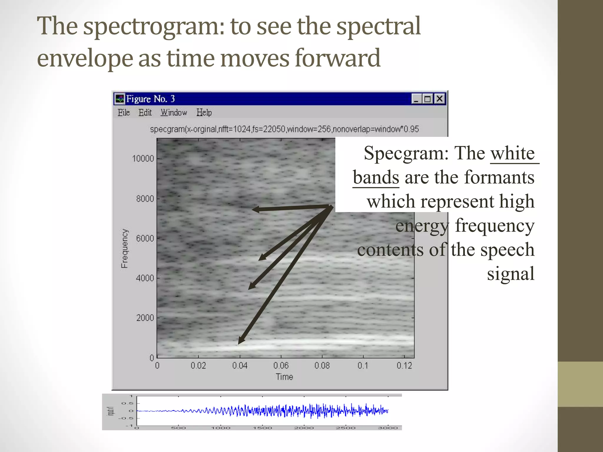 The spectrogram:to see the spectral
envelopeas time movesforward
Specgram: The white
bands are the formants
which represent high
energy frequency
contents of the speech
signal
 