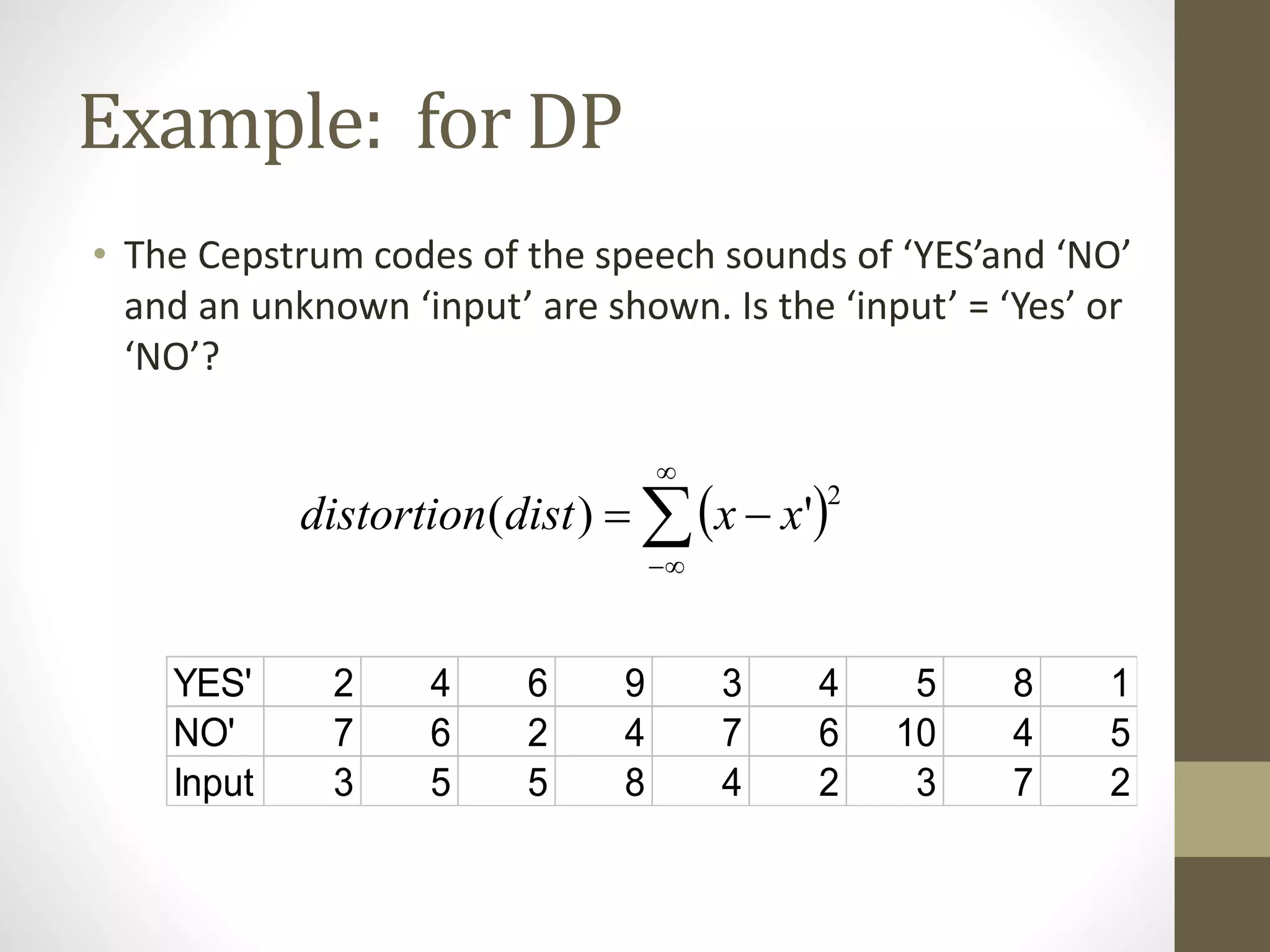Example: for DP
• The Cepstrum codes of the speech sounds of ‘YES’and ‘NO’
and an unknown ‘input’ are shown. Is the ‘input’ = ‘Yes’ or
‘NO’?
YES' 2 4 6 9 3 4 5 8 1
NO' 7 6 2 4 7 6 10 4 5
Input 3 5 5 8 4 2 3 7 2
 



2
')( xxdistdistortion
 