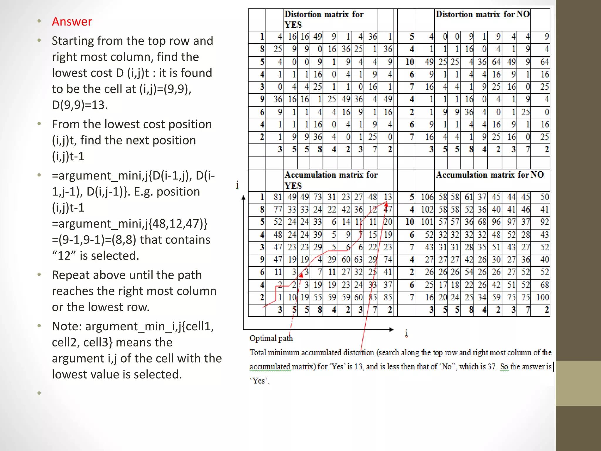 • Answer
• Starting from the top row and
right most column, find the
lowest cost D (i,j)t : it is found
to be the cell at (i,j)=(9,9),
D(9,9)=13.
• From the lowest cost position
(i,j)t, find the next position
(i,j)t-1
• =argument_mini,j{D(i-1,j), D(i-
1,j-1), D(i,j-1)}. E.g. position
(i,j)t-1
=argument_mini,j{48,12,47)}
=(9-1,9-1)=(8,8) that contains
“12” is selected.
• Repeat above until the path
reaches the right most column
or the lowest row.
• Note: argument_min_i,j{cell1,
cell2, cell3} means the
argument i,j of the cell with the
lowest value is selected.
•
 