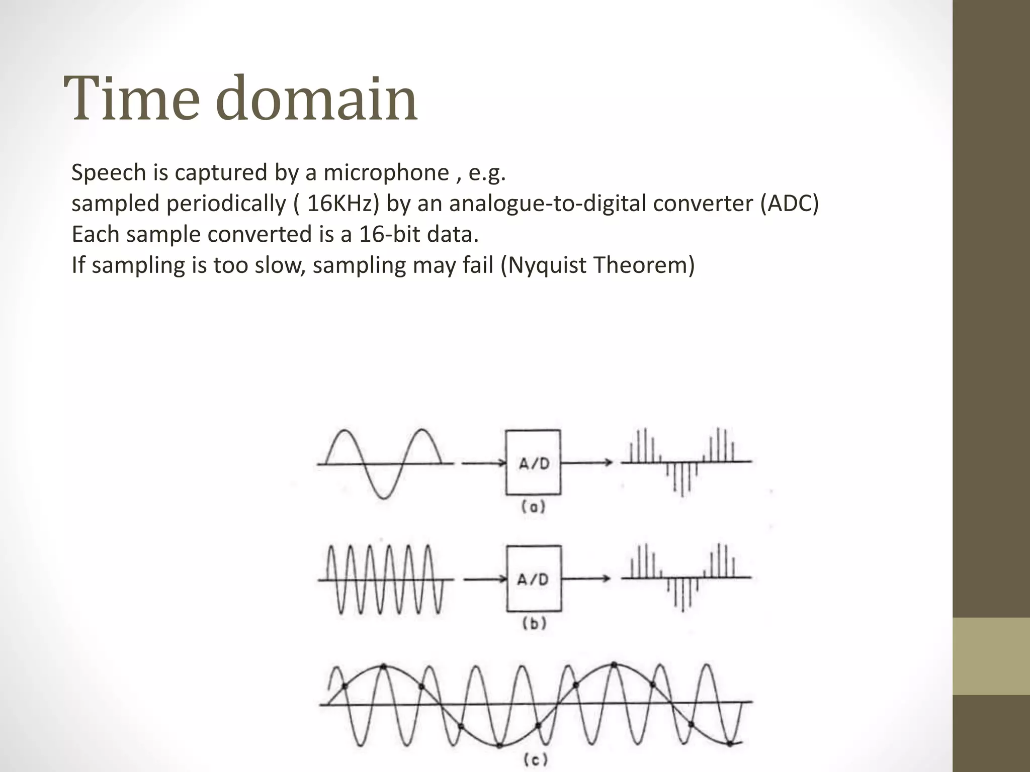 Time domain
Speech is captured by a microphone , e.g.
sampled periodically ( 16KHz) by an analogue-to-digital converter (ADC)
Each sample converted is a 16-bit data.
If sampling is too slow, sampling may fail (Nyquist Theorem)
 