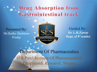 Department Of Pharmaceutics
H.R.Patel Institute Of Pharmaceutical
Education& Research, Shirpur
Presented By:
Mr.Badhe Shubham
Pradip
Guided By :
Dr. L.R.Zawar
Dept. of P’ceutics
1
 