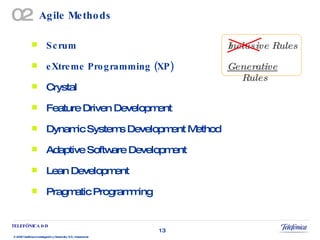 Agile Methods Scrum eXtreme Programming (XP) Crystal Feature Driven Development Dynamic Systems Development Method Adaptive Software Development Lean Development Pragmatic Programming 02 Inclusive Rules Generative  Rules 