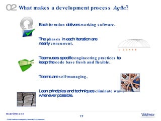 What makes a development process  Agile ? Each  iteration  delivers  working software . The  phases  in each iteration are  nearly  concurrent . Team uses specific  engineering practices  to keep the  code base fresh and flexible . Teams are  self-managing . Lean principles and techniques  eliminate waste  whenever possible. 02 