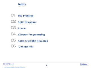 01 The Problem 02 Agile Response 03 Scrum   04   eXtreme Programming   05 Agile Scientific Research 06   Conclusions Index 