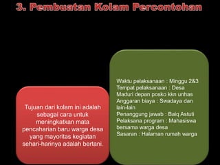 Tujuan dari kolam ini adalah 
sebagai cara untuk 
meningkatkan mata 
pencaharian baru warga desa 
yang mayoritas kegiatan 
sehari-harinya adalah bertani. 
Waktu pelaksanaan : Minggu 2&3 
Tempat pelaksanaan : Desa 
Maduri depan posko kkn unhas 
Anggaran biaya : Swadaya dan 
lain-lain 
Penanggung jawab : Baiq Astuti 
Pelaksana program : Mahasiswa 
bersama warga desa 
Sasaran : Halaman rumah warga 
 
