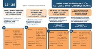 NEUE AUFBAUSEMINARE FÜR
 22 - 25                                        Detailiierte Informationen unter www.dialogart.de
                                                                                                                        LEITUNGS- UND FÜHRUNGSKRÄFTE

 KONFLIKTMODERATION                                           GESPRÄCHE MIT                                   RICHTIGE DELEGATION                                 MOTIVORIENTIERTE
  UND MEDIATION ALS                                            MITARBEITERN                                      – MEHR ZEIT FÜR                                MITARBEITERFÜHRUNG –
                                                                                                                                                                   MIT MOTIVEN IN
   LEITUNGSAUFGABE                                              SICHER UND                                       CHEFAUFGABEN                                      FÜHRUNG GEHEN
                                                           PROFESSIONELL FÜHREN
                                                                                                         Kompaktseminar zur optimalen                       Kompaktseminar zur Erweiterung
Praxisseminar zum konstruktiven                                                                          Nutzung des Führungstools                          von konkreten Führungsstrategien,
Umgang und der Moderation                               Aufbauseminar zum sicheren,                      Delegation und zum Einsatz eines                   um Mitarbeiter stärker individuell
von Konflikten sowie                                    professionellen Führen von                       „Monkey-Managements“                               und motivorientiert zu führen
Mobbing-Situationen                                     wichtigen und schwierigen
                                                        Mitarbeitergesprächen                                         Kombi-Buchung mit                                Kombi-Buchung mit
                                                                                                                          Seminar 25:                                      Seminar 24:
                                                                                                                    für 750,- € zzgl. MwSt.                          für 750,- € zzgl. MwSt.
22                                                    23                                                                Frühbucherrabatt: 675 €                         Frühbucherrabatt: 675 €

     Termine         22.–23.05.2012                        Termine           27.–28.02.2012
                     15.–16.11.2012                                          04.–05.06.2012             24                                                 25
                     1. Tag 10–18 Uhr                                        29.–30.10.2012                   Termine           22.02.2012 | 08.06.2012         Termine       21.02.2012 | 07.06.2012
                     2. Tag 9–17.30 Uhr                                      1. Tag 10–18 Uhr                                   05.09.2012 | 28.11.2012                       04.09.2012 | 27.11.2012
                                                                             2. Tag 9–17.30 Uhr                                 9–18 Uhr                                      9–18 Uhr
     Investition     750 € zzgl. MwSt.
                     Frühbucherrabatt: 675 €               Investition       750 € zzgl. MwSt.               Investition        390 € zzgl. MwSt.               Investition   390 € zzgl. MwSt.
                     (inkl. Tagungspauschale)                                Frühbucherrabatt: 675 €                            Frühbucherrabatt: 351 €                       Frühbucherrabatt: 351 €
                                                                             (inkl. Tagungspauschale)                           (inkl. Tagungspauschale)                      (inkl. Tagungspauschale)
     Seminardauer:   2 Tage
                                                           Seminardauer:     2 Tage                          Seminardauer: 1 Tag                                Seminardauer: 1 Tag
     Teilnehmerzahl: 3 bis max. 8
                                                           Teilnehmerzahl: 3 bis max. 8                      Teilnehmerzahl: 3 bis max. 8                       Teilnehmerzahl: 3 bis max. 8
     Leitung:        Henrik Andresen
                     Petra Funke                           Leitung:          Thomas Haß                      Leitung:           Petra Funke                     Leitung:          Petra Funke
 