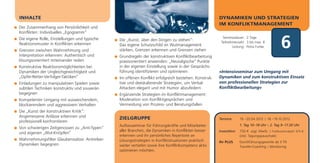 INHALTE                                                                                              DYNAMIKEN UND STRATEGIEN
                                                                                                     IM KONFLIKTMANAGEMENT
Der Zusammenhang von Persönlichkeit und
Konflikten: Individuelles „Egogramm“


                                                                                                                                              6
Die eigene Rolle, Einstellungen und typische                                                           Seminardauer: 2 Tage
                                               Die „Kunst, über den Dingen zu stehen“:                Teilnehmerzahl: 3 bis max. 8
Reaktionsmuster in Konflikten erkennen         Das eigene Schutzschild im Wutmanagement                      Leitung: Petra Funke
Grenzen zwischen Wahrnehmung und               stärken, Grenzen erkennen und Grenzen ziehen
Interpretation erkennen: Authentisch und       Grundregeln der konstruktiven Konfliktbearbeitung
lösungsorientiert miteinander reden            praxisorientiert anwenden: „Neuralgische“ Punkte
Konstruktive Reaktionsmöglichkeiten bei        in der eigenen Einstellung sowie in der Gesprächs-
Dynamiken der Ungleichgewichtigkeit und        führung identifizieren und optimieren                 »Intensivseminar zum Umgang mit
„Opfer-Retter-Verfolger-Taktiken“              Im offenen Konflikt erfolgreich bestehen: Konstruk-   Dynamiken und zum konstruktiven Einsatz
Einladungen zu manipulativen Spielen sowie     tive und deeskalierende Strategien, um Verbal-        von professionellen Strategien zur
subtilen Techniken konstruktiv und souverän    Attacken elegant und mit Humor abzufedern             Konfliktbearbeitung«
begegnen                                       Ergänzende Strategien im Konfliktmanagement:
Kompetenter Umgang mit ausweichendem,          Moderation von Konfliktgesprächen und
blockierendem und aggressivem Verhalten        Vermeidung von Prozess- und Beratungsfallen
Die „Kunst der konstruktiven Kritik“:
Angemessene Anlässe erkennen und               ZIELGRUPPE                                            Termine       19.–20.04.2012 | 18.–19.10.2012
professionell konfrontieren
                                               Aufbauseminar für Führungskräfte und Mitarbeiter                    1. Tag 10–18 Uhr | 2. Tag 9–17.30 Uhr
Von schwierigen Zeitgenossen zu „Anti-Typen”
                                               aller Branchen, die Dynamiken in Konflikten besser    Investition   750 € zzgl. MwSt. | Frühbucherrabatt: 675 €
und eigenen „Wut-Knöpfen”
                                               erkennen und ihr persönliches Repertoire an                         (inkl. Tagungspauschale)
Wahrnehmungsfilter Glaubenssätze: Antreiber-   Lösungsstrategien in Konfliktsituationen praktisch    Ihr PLUS      Durchführungsgarantie ab 3 TN
Dynamiken begegnen                             weiter vertiefen sowie ihre Konfliktkompetenz aktiv                 Transfer-Coaching | Monitoring
                                               optimieren möchten.
 