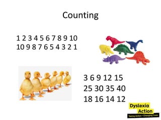 Counting

1 2 3 4 5 6 7 8 9 10
10 9 8 7 6 5 4 3 2 1


                       3 6 9 12 15
                       25 30 35 40
                       18 16 14 12
 