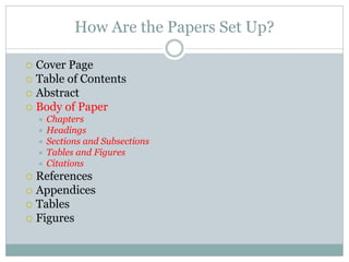 How Are the Papers Set Up?

 Cover Page
 Table of Contents
 Abstract
 Body of Paper
     Chapters
     Headings
     Sections and Subsections
     Tables and Figures
     Citations
 References
 Appendices
 Tables
 Figures
 