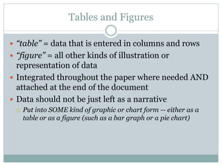 Tables and Figures

 “table” = data that is entered in columns and rows
 “figure” = all other kinds of illustration or
  representation of data
 Integrated throughout the paper where needed AND
  attached at the end of the document
 Data should not be just left as a narrative
    Put into SOME kind of graphic or chart form -- either as a
     table or as a figure (such as a bar graph or a pie chart)
 
