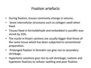 Fixation artefacts
• During fixation, tissues commonly change in volume.
• Some intercellular structures such as collagen swell when
fixed.
• Tissues fixed in formaldehyde and embedded in paraffin wax
shrink by 33%.
• The nuclei in frozen sections are usually bigger that those of
the same tissue which has been subjected to conventional
preparation.
• Prolonged fixation in formalin can give rise to secondary
shrinkage.
• Hypertonic solutions give rise to cell shrinkage; isotonic and
hypotonic fixatives to cellular swelling and poor fixation.
 