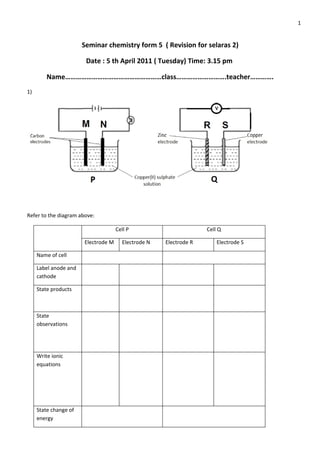 1


                       Seminar chemistry form 5 ( Revision for selaras 2)

                        Date : 5 th April 2011 ( Tuesday) Time: 3.15 pm

         Name………………………………………………class……………………….teacher………….
1)




Refer to the diagram above:

                                     Cell P                        Cell Q

                       Electrode M     Electrode N   Electrode R       Electrode S

     Name of cell

     Label anode and
     cathode

     State products



     State
     observations




     Write ionic
     equations




     State change of
     energy
 