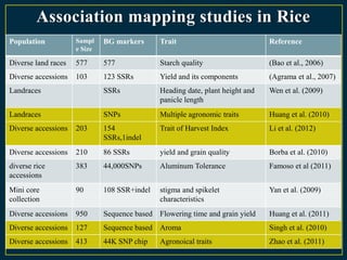 Association mapping studies in Rice
Population           Sampl    BG markers      Trait                            Reference
                     e Size

Diverse land races   577      577             Starch quality                   (Bao et al., 2006)
Diverse accessions   103      123 SSRs        Yield and its components         (Agrama et al., 2007)
Landraces                     SSRs            Heading date, plant height and   Wen et al. (2009)
                                              panicle length
Landraces                     SNPs            Multiple agronomic traits        Huang et al. (2010)
Diverse accessions   203      154             Trait of Harvest Index           Li et al. (2012)
                              SSRs,1indel
Diverse accessions   210      86 SSRs         yield and grain quality          Borba et al. (2010)
diverse rice         383      44,000SNPs      Aluminum Tolerance               Famoso et al (2011)
accessions
Mini core            90       108 SSR+indel   stigma and spikelet              Yan et al. (2009)
collection                                    characteristics
Diverse accessions   950      Sequence based Flowering time and grain yield    Huang et al. (2011)
Diverse accessions   127      Sequence based Aroma                             Singh et al. (2010)
Diverse accessions   413      44K SNP chip    Agronoical traits                Zhao et al. (2011)
 