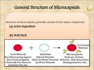 General Structure of Microcapsule
Structure of microcapsule generally consists of two major components:
(a) Active Ingredient
(b) Wall Shell
 