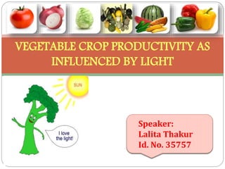 VEGETABLE CROP PRODUCTIVITY AS
INFLUENCED BY LIGHT

Speaker:
Lalita Thakur
Id. No. 35757

 