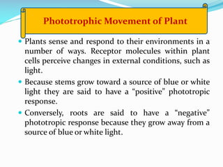 Phototrophic Movement of Plant
 Plants sense and respond to their environments in a

number of ways. Receptor molecules within plant
cells perceive changes in external conditions, such as
light.
 Because stems grow toward a source of blue or white
light they are said to have a “positive” phototropic
response.
 Conversely, roots are said to have a “negative”
phototropic response because they grow away from a
source of blue or white light.

 