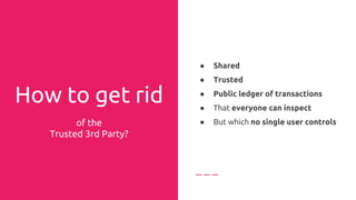 Shared,
Trusted,
Public,
Ledger of Transaction
That everyone can inspect
No single user controls
● Shared: Every node in the P2P
Network is client as well as server,
holding identical copies of the
application state.
● Trusted: Game Theory is used to
model Economic incentive, for
each node in the network to verify
the transactions according to
protocol.
● Public Ledger of Transactions
Cryptography in the form of
Distirbuted Merkle hash trees
guarantee security as well as
privacy
 