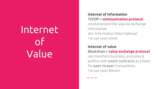 Internet
of
Value
Internet of Information
TCP/IP = communication protocol
revolutionized the way we exchange
information
aka ‘Information Data Highway’
1st use case: Email
Internet of value
Blockchain = value exchange protocol
can transform business, economy &
politics with smart contracts as a basis
for peer to peer transactions.
1st use case: Bitcoin
 