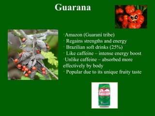 •Amazon (Guaraní tribe)
• Regains strengths and energy
• Brazilian soft drinks (25%)
• Like caffeine – intense energy boost
•Unlike caffeine – absorbed more
effectively by body
• Popular due to its unique fruity taste
Guarana
 