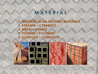 M A T E R I A L
1. MATERIAL ALAM-NATURAL MATERIALS
2. KERAMIK – CERAMICS
3. METAL – METALS
4. POLIMER – POLYMERS
5. KOMPOSIT - COMPOSITS
 