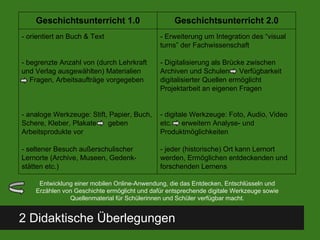 2 Didaktische Überlegungen
Geschichtsunterricht 1.0 Geschichtsunterricht 2.0
- orientiert an Buch & Text
- begrenzte Anzahl von (durch Lehrkraft
und Verlag ausgewählten) Materialien
Fragen, Arbeitsaufträge vorgegeben
- analoge Werkzeuge: Stift, Papier, Buch,
Schere, Kleber, Plakate geben
Arbeitsprodukte vor
- seltener Besuch außerschulischer
Lernorte (Archive, Museen, Gedenk-
stätten etc.)
- Erweiterung um Integration des “visual
turns” der Fachwissenschaft
- Digitalisierung als Brücke zwischen
Archiven und Schulen Verfügbarkeit
digitalisierter Quellen ermöglicht
Projektarbeit an eigenen Fragen
- digitale Werkzeuge: Foto, Audio, Video
etc. erweitern Analyse- und
Produktmöglichkeiten
- jeder (historische) Ort kann Lernort
werden, Ermöglichen entdeckenden und
forschenden Lernens
Entwicklung einer mobilen Online-Anwendung, die das Entdecken, Entschlüsseln und
Erzählen von Geschichte ermöglicht und dafür entsprechende digitale Werkzeuge sowie
Quellenmaterial für Schülerinnen und Schüler verfügbar macht.
 