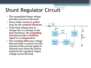 Shunt Regulator Circuit
• The unregulated input voltage
provides current to the load.
• Some of the current is pulled
away by the control element.
• If the load voltage tries to
change due to a change in the
load resistance, the sampling
circuit provides a feedback
signal to a comparator.
• The resulting difference voltage
then provides a control vary the
amount of the current signal to
shunted away from the load to
maintain the regulated output
voltage across the load.
Submiited By: Gurkirat
Singh
 