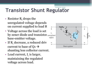 Transistor Shunt Regulator
• Resistor RS drops the
unregulated voltage depends
on current supplied to load RL.
• Voltage across the load is set
by zener diode and transistor
base-emitter voltage.
• If RL decrease, a reduced drive
current to base of Q1 
shunting less collector current.
• Load current, IL is larger,
maintaining the regulated
voltage across load.
Submiited By: Gurkirat
Singh
 