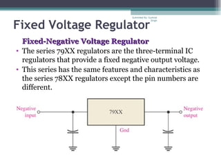 Fixed Voltage Regulator
Fixed-Negative Voltage RegulatorFixed-Negative Voltage Regulator
• The series 79XX regulators are the three-terminal IC
regulators that provide a fixed negative output voltage.
• This series has the same features and characteristics as
the series 78XX regulators except the pin numbers are
different.
Submiited By: Gurkirat
Singh
 