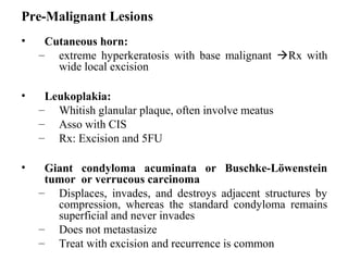 Pre-Malignant Lesions
• Cutaneous horn:
– extreme hyperkeratosis with base malignant Rx with
wide local excision
• Leukoplakia:
– Whitish glanular plaque, often involve meatus
– Asso with CIS
– Rx: Excision and 5FU
• Giant condyloma acuminata or Buschke-Löwenstein
tumor or verrucous carcinoma
– Displaces, invades, and destroys adjacent structures by
compression, whereas the standard condyloma remains
superficial and never invades
– Does not metastasize
– Treat with excision and recurrence is common
 