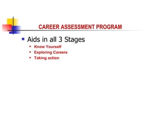Aids in all 3 Stages Know Yourself Exploring Careers Taking action CAREER ASSESSMENT PROGRAM 