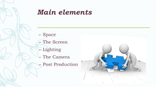 Main elements
– Space
– The Screen
– Lighting
– The Camera
– Post Production
 