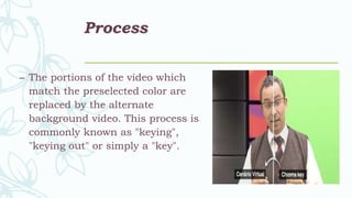 Process
– The portions of the video which
match the preselected color are
replaced by the alternate
background video. This process is
commonly known as "keying",
"keying out" or simply a "key".
 