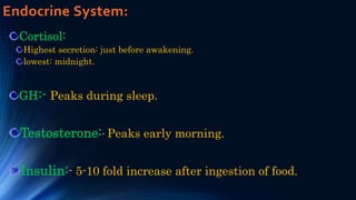 Endocrine System:
Cortisol:
Highest secretion: just before awakening.
lowest: midnight.
GH:- Peaks during sleep.
Testosterone:- Peaks early morning.
Insulin:- 5-10 fold increase after ingestion of food.
 