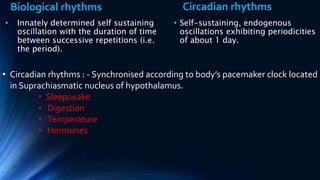 Biological rhythms
• Innately determined self sustaining
oscillation with the duration of time
between successive repetitions (i.e.
the period).
Circadian rhythms
• Self-sustaining, endogenous
oscillations exhibiting periodicities
of about 1 day.
• Circadian rhythms : - Synchronised according to body’s pacemaker clock located
in Suprachiasmatic nucleus of hypothalamus.
• Sleep/wake
• Digestion
• Temperature
• Hormones
 
