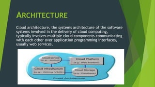 ARCHITECTURE
Cloud architecture, the systems architecture of the software
systems involved in the delivery of cloud computing,
typically involves multiple cloud components communicating
with each other over application programming interfaces,
usually web services.
 