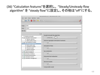 (36) 
“Calculaeon 
features”䜢㑅ᢥ䛧䚸 
“Steady/Unsteady 
flow 
algorithm” 
䜢 
“steady 
flow”䛻タᐃ䛧䚸䛭䛾௚䛿“off”䛻䛩䜛䚹 
㻝㻞㻡 
 