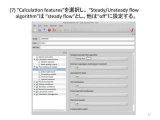 (7) 
“Calculaeon 
features”䜢㑅ᢥ䛧䚸 
“Steady/Unsteady 
flow 
algorithm”䛿 
“steady 
flow”䛸䛧䚸௚䛿“off”䛻タᐃ䛩䜛䚹 
㻠㻣 
 