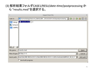 (3) 
ゎᯒ⤖ᯝ䝣䜷䝹䝎CASE1/RESU/date-­‐me/postprocessing 
䛛 
䜙 
“results.med”䜢㑅ᢥ䛩䜛䚹 
㻣㻡 
 