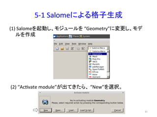 5-­‐1 
Salome䛻䜘䜛᱁Ꮚ⏕ᡂ 
(1) 
Salome䜢㉳ື䛧䚸䝰䝆䝳䞊䝹䜢 
“Geometry”䛻ኚ᭦䛧䚸䝰䝕 
䝹䜢సᡂ 
(2) 
“Acevate 
module”䛜ฟ䛶䛝䛯䜙䚸 
“New”䜢㑅ᢥ䚹 
㻥㻝 
 