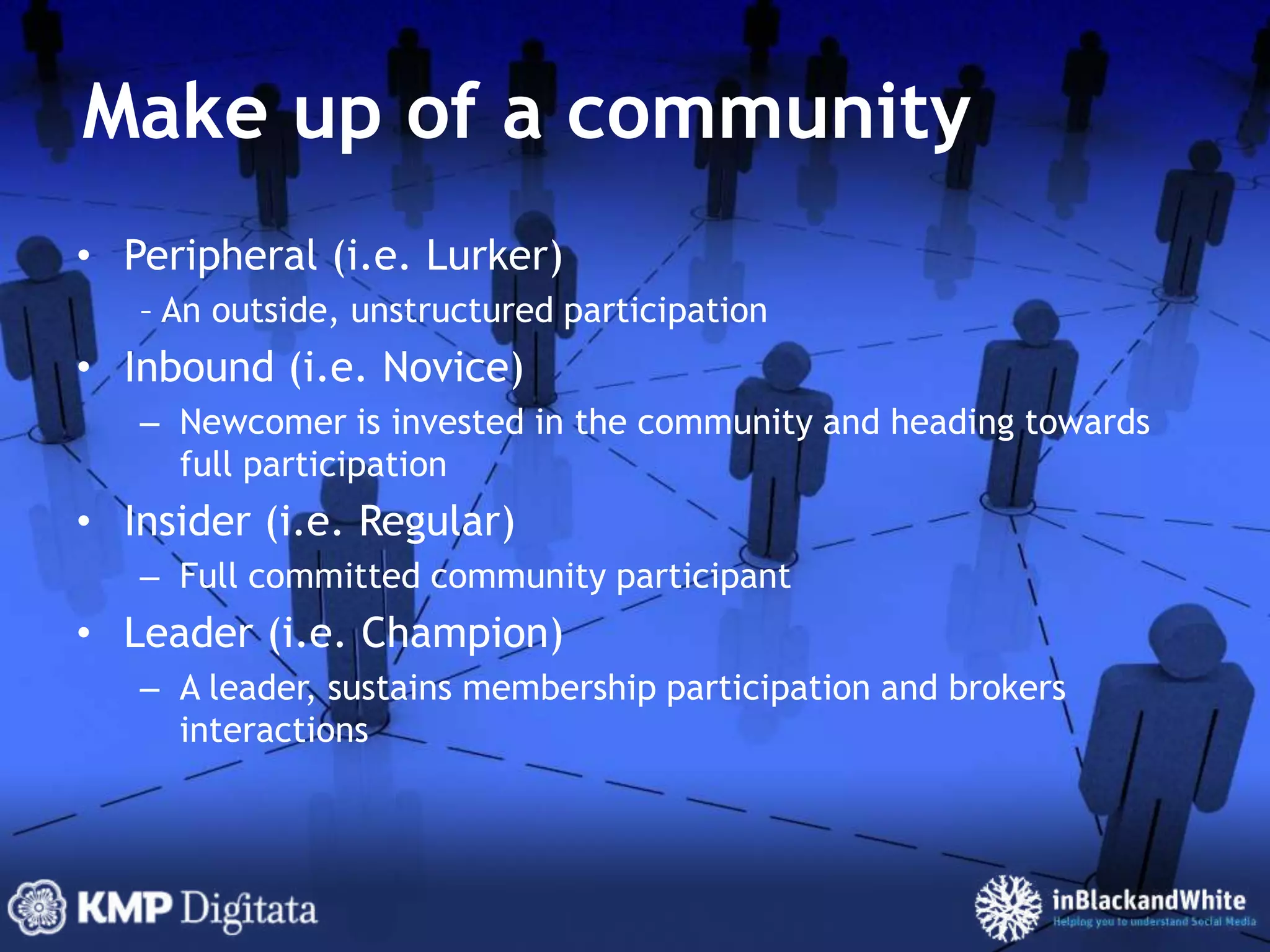 Make up of a communityPeripheral (i.e. Lurker)– An outside, unstructured participationInbound (i.e. Novice)Newcomer is invested in the community and heading towards full participationInsider (i.e. Regular)Full committed community participantLeader (i.e. Champion)A leader, sustains membership participation and brokers interactions