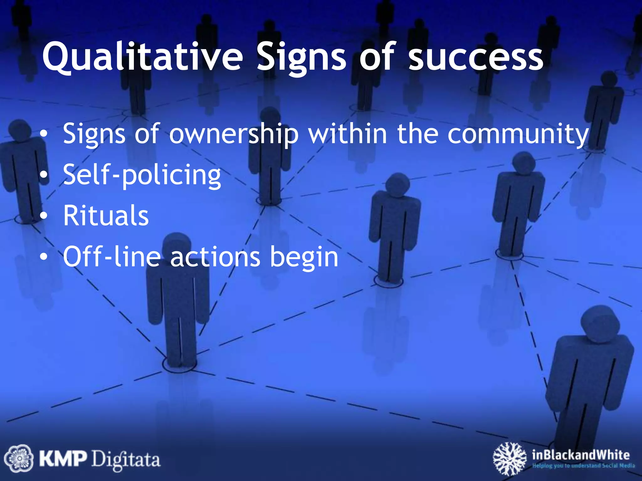 Qualitative Signs of successSigns of ownership within the communitySelf-policingRitualsOff-line actions begin