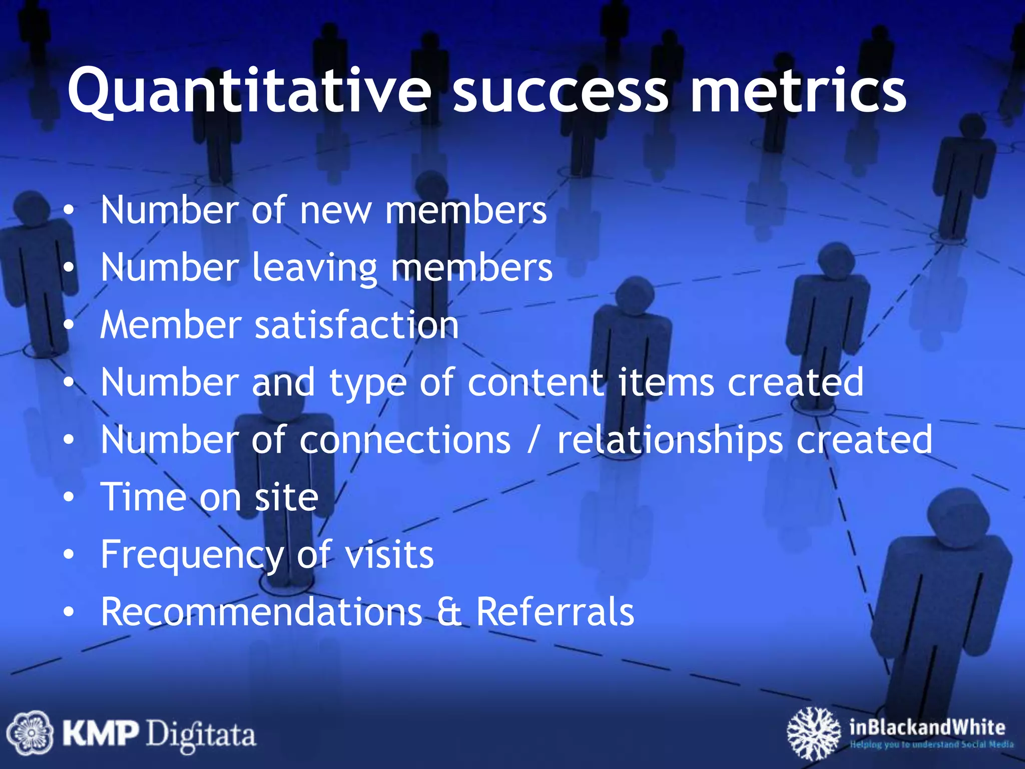 Quantitative success metricsNumber of new membersNumber leaving membersMember satisfactionNumber and type of content items createdNumber of connections / relationships createdTime on siteFrequency of visitsRecommendations & Referrals