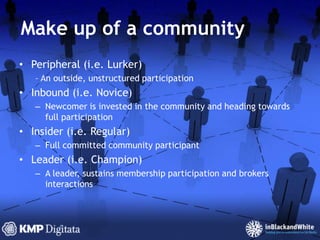 Make up of a communityPeripheral (i.e. Lurker)– An outside, unstructured participationInbound (i.e. Novice)Newcomer is invested in the community and heading towards full participationInsider (i.e. Regular)Full committed community participantLeader (i.e. Champion)A leader, sustains membership participation and brokers interactions