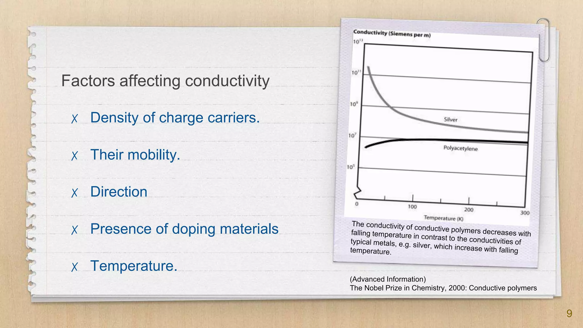 Factors affecting conductivity
✗ Density of charge carriers.
✗ Their mobility.
✗ Direction
✗ Presence of doping materials
✗ Temperature.
9
(Advanced Information)
The Nobel Prize in Chemistry, 2000: Conductive polymers
 