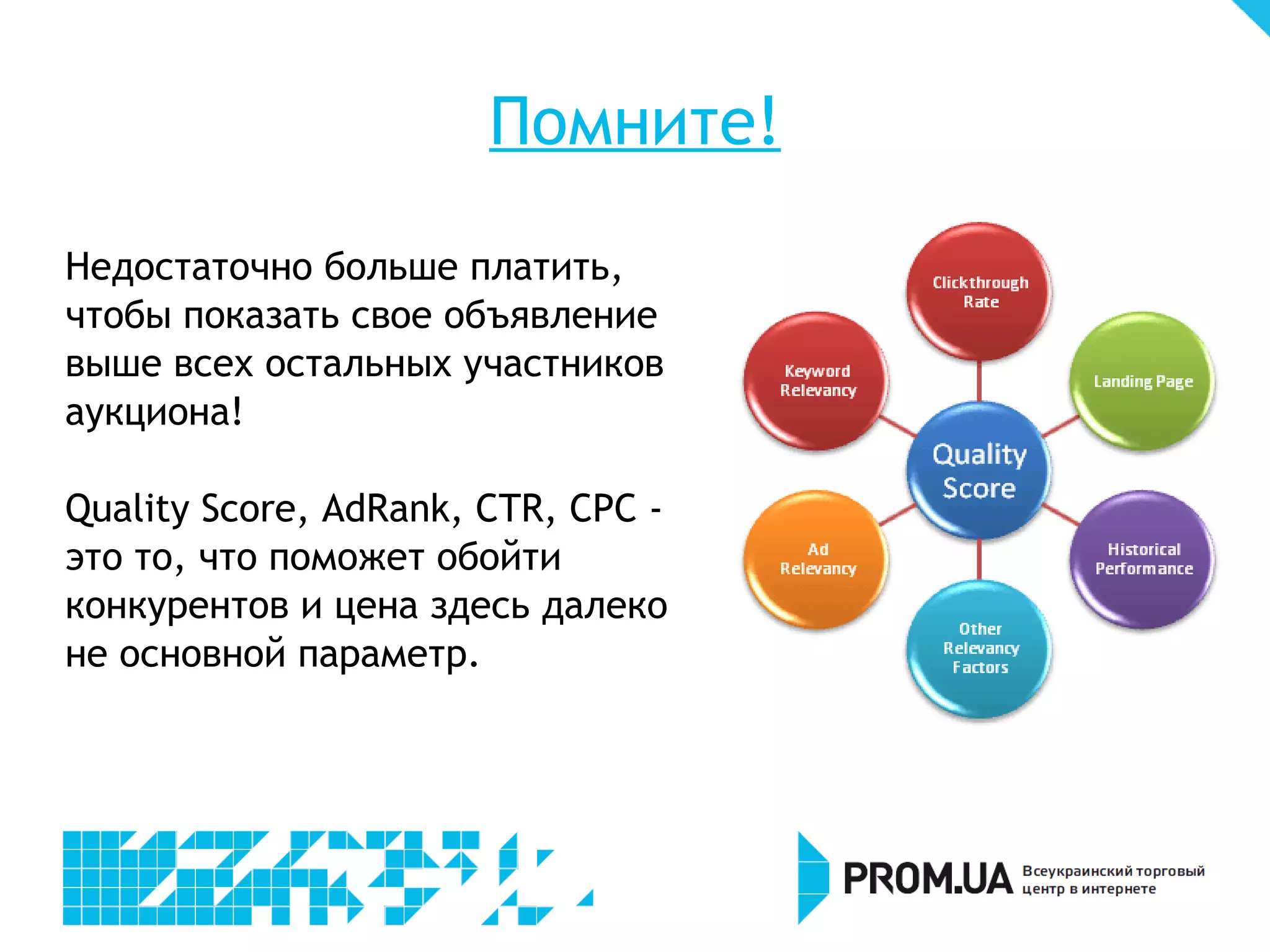 Список ключевых слов бесполезен без
               Минус-слов
Подобрав ключевые слова, необходимо составить список минус-
слов для того, чтобы оградить кампанию от нецелевых показов,
кликов и напрасного расхода рекламного бюджета

Газонокосилки в киеве -распродажа -фото -инструкция -al -отзыв
-форум -ремонт -запчасть -рука -двигатель -работа -леска -самодельный
и т.д.

Помните, чем выше релевантность, тем выше CTR. Чем выше CTR,
тем дешевле клики!
PROFIT.
 