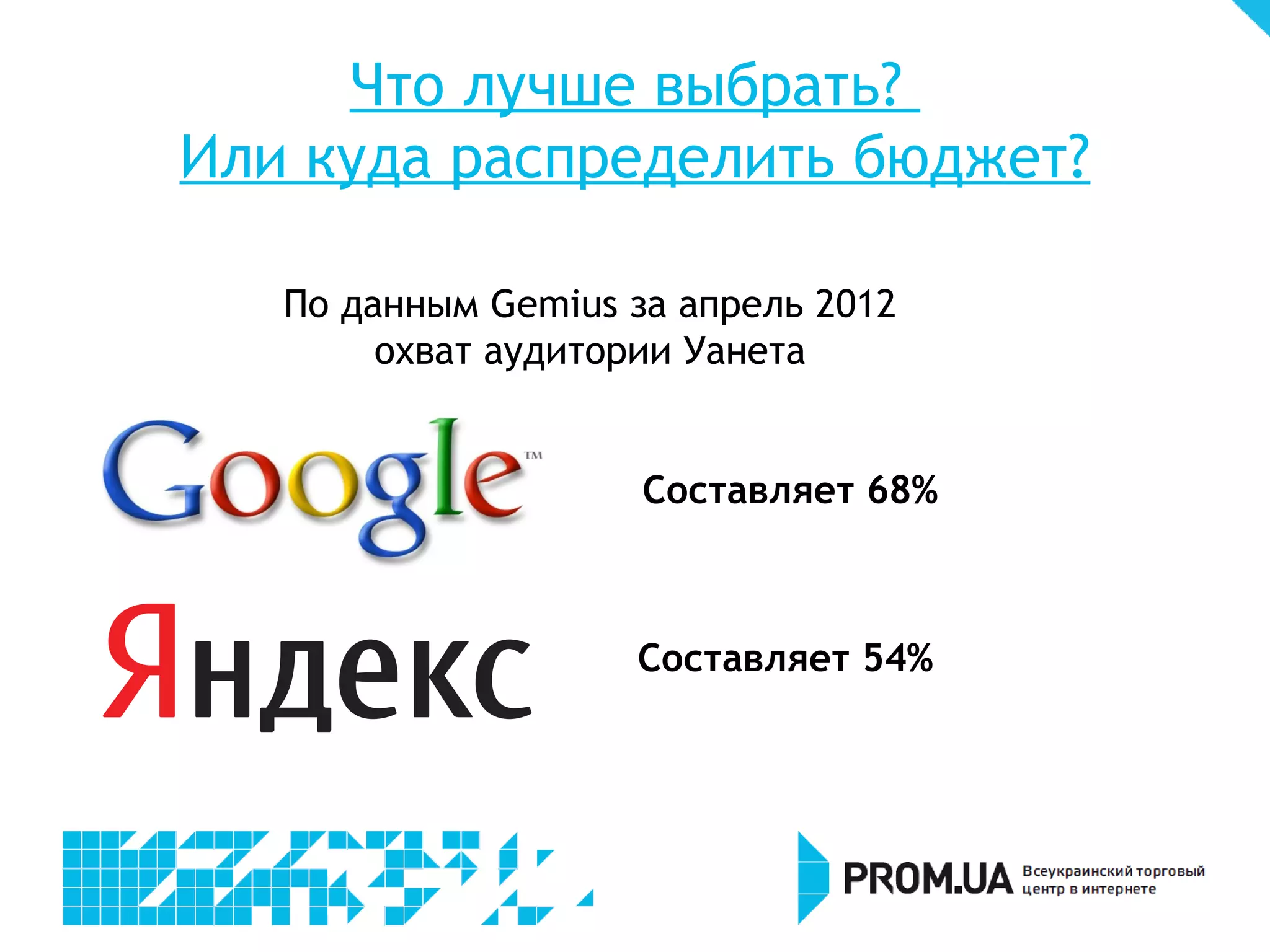 Что лучше выбрать?
Или куда распределить бюджет?

По данным Gemius охват аудитории Уанета



                      Составляет 70,50%



                     Составляет 53,04%
 